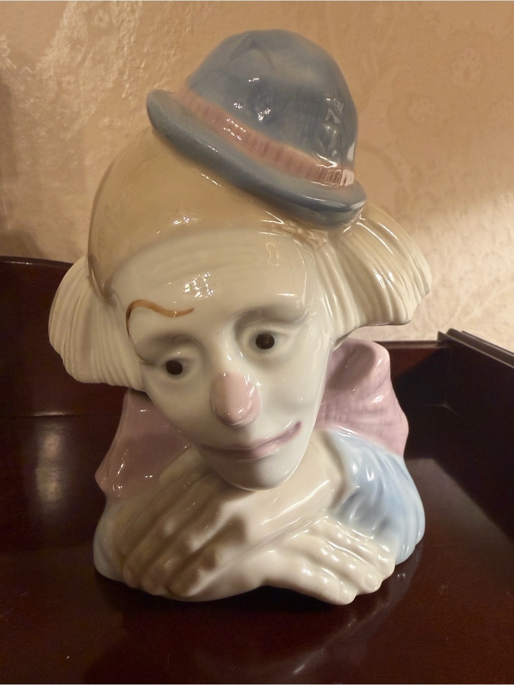 Porcelain Clown Bust Figurine in Pastel Blue and Pink